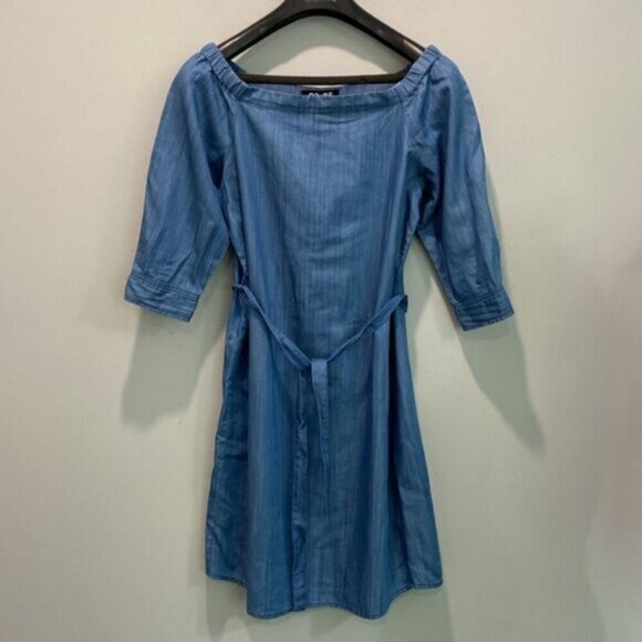DO+BE Chambray Off Shoulder Belted Dress  Blue Denim Look Boho Cottagecore - Picture 5 of 13